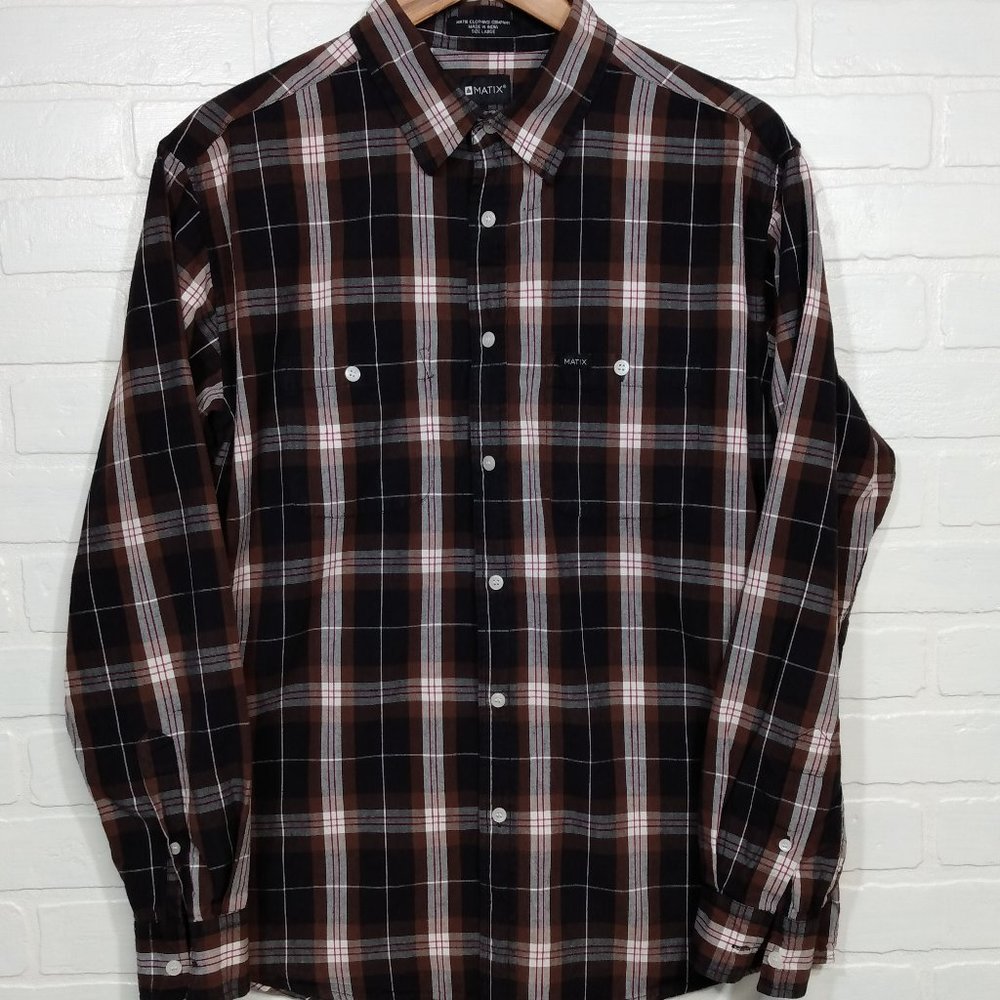 Matix men's large brown plaid long sleeve  button slim fit shirt L - Picture 2 of 7